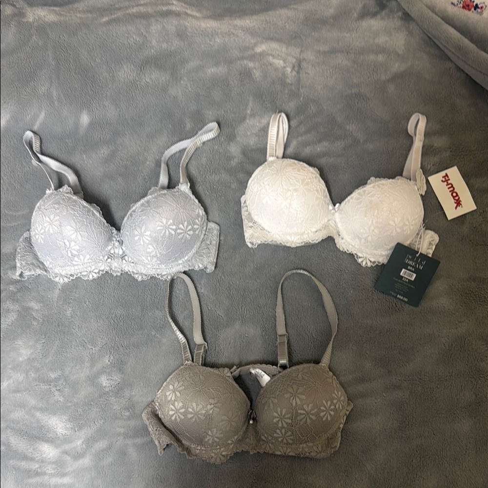 Chic Lace Bra Trio - Gray, White, and Tan